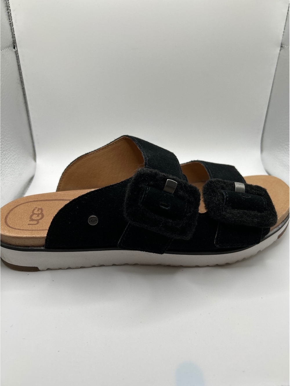 UGG Black Fluff Indio Suede Fuzzy Buckle Slide Sandals Size 9.5 Women VGC - Picture 3 of 7